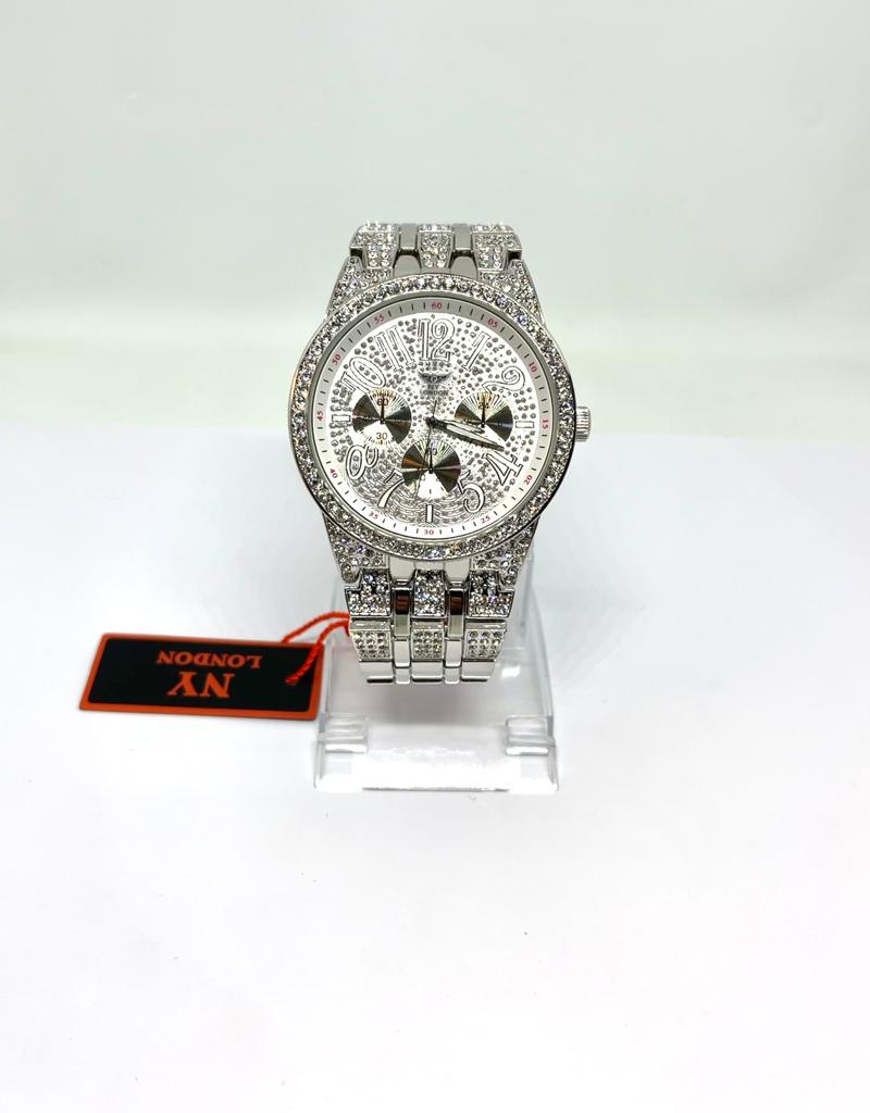 Men's NY London Circle Bling Crystals Watch With Metal Bracelet - Silver Watch Pl-7469