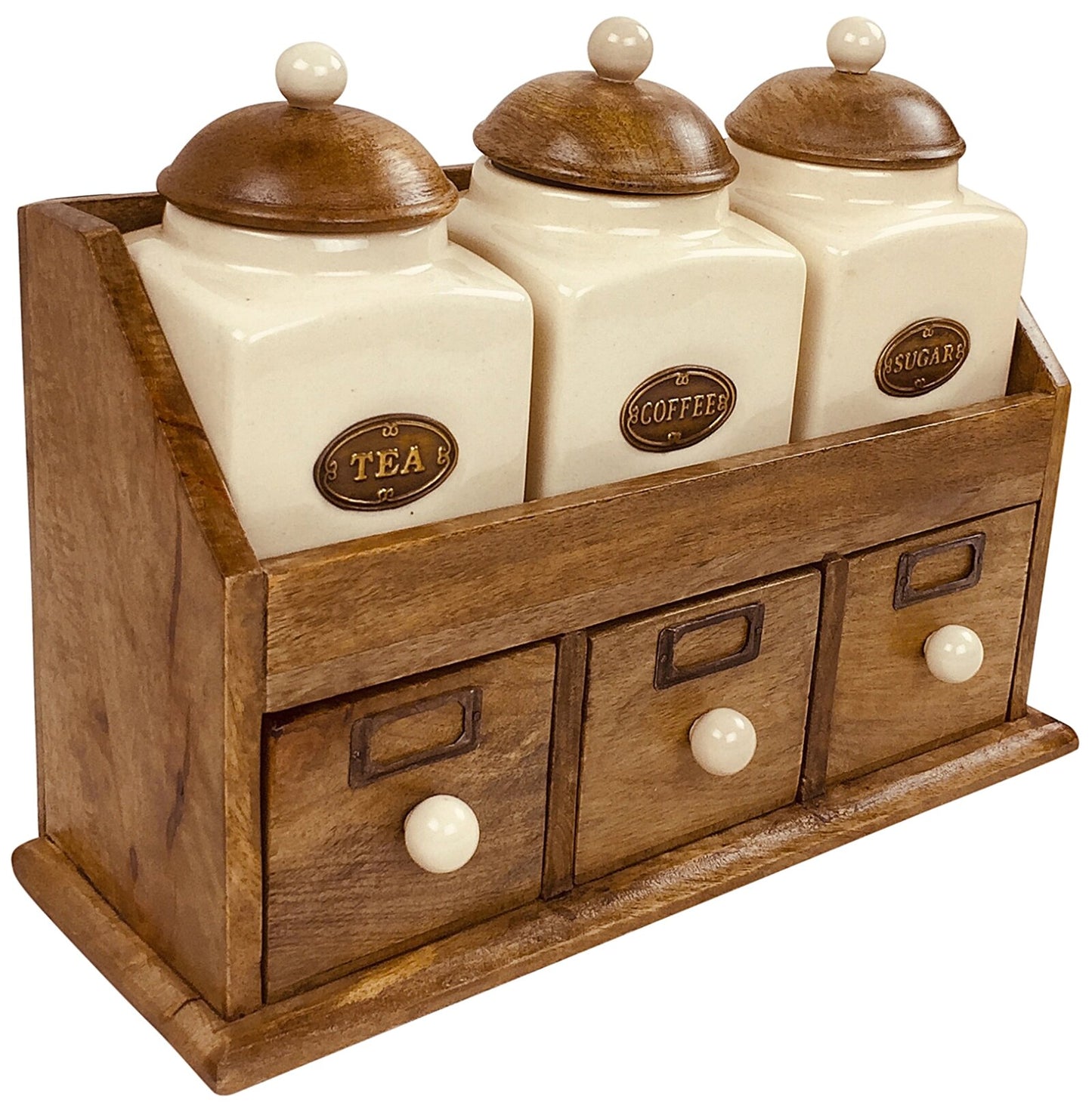 Three Ceramic Jars With Wooden Drawers