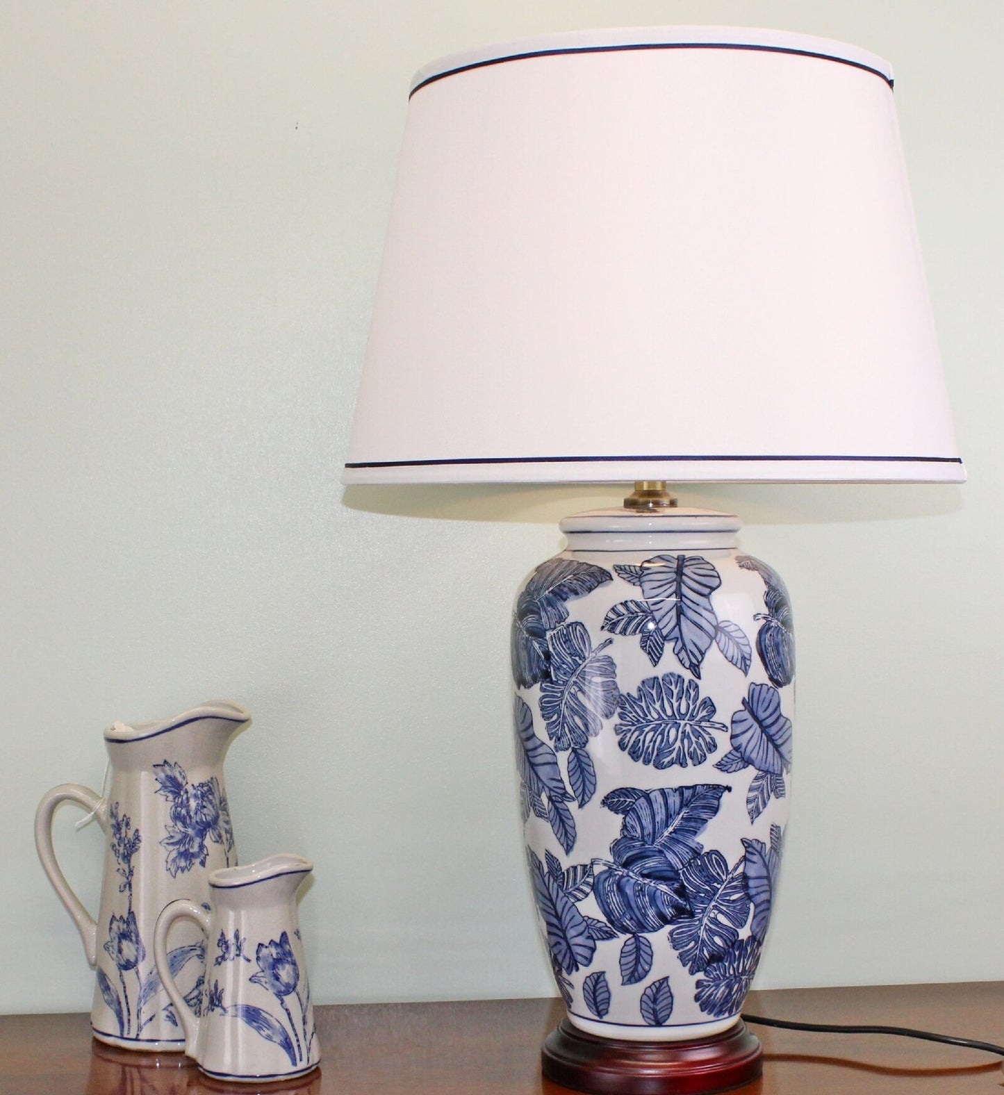 Blue & White Ceramic Lamp with Wooden Base 70cm