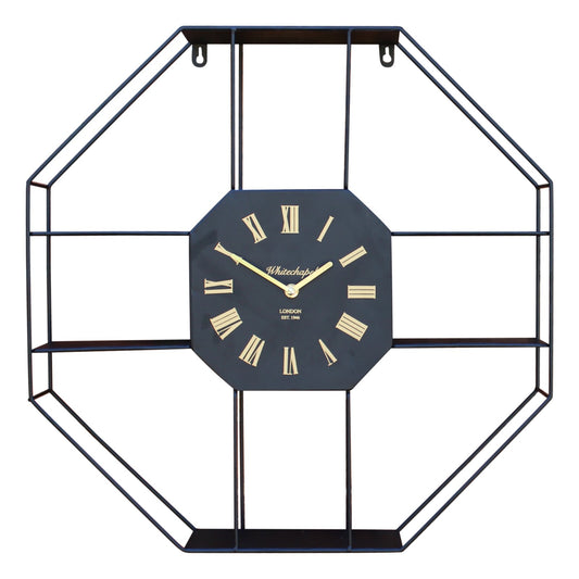 Black Iron Metal Clock With Shelving 53cm