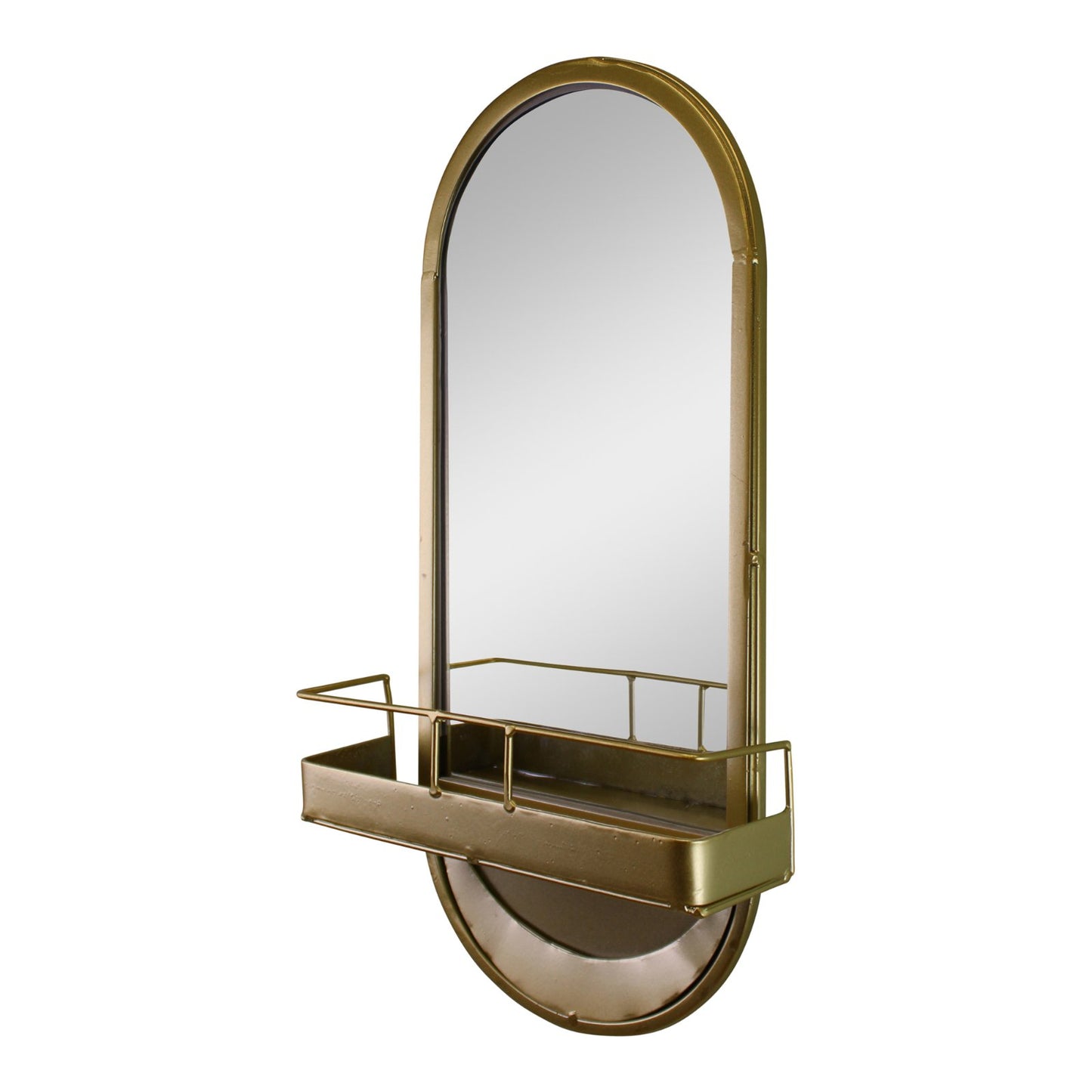 Arched Gold Metal Mirror With Storage Basket Shelf, 50cm