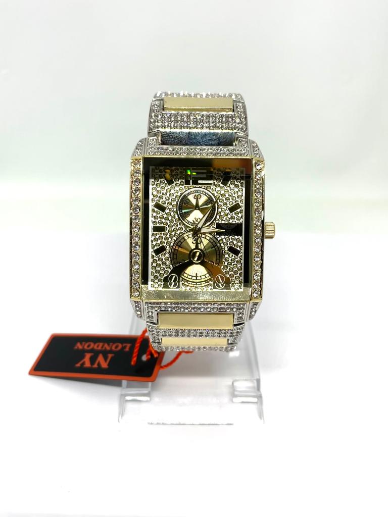 Men's NY London Square Bling Crystals Watch With Metal Bracelet - Gold Watch Pl-7277