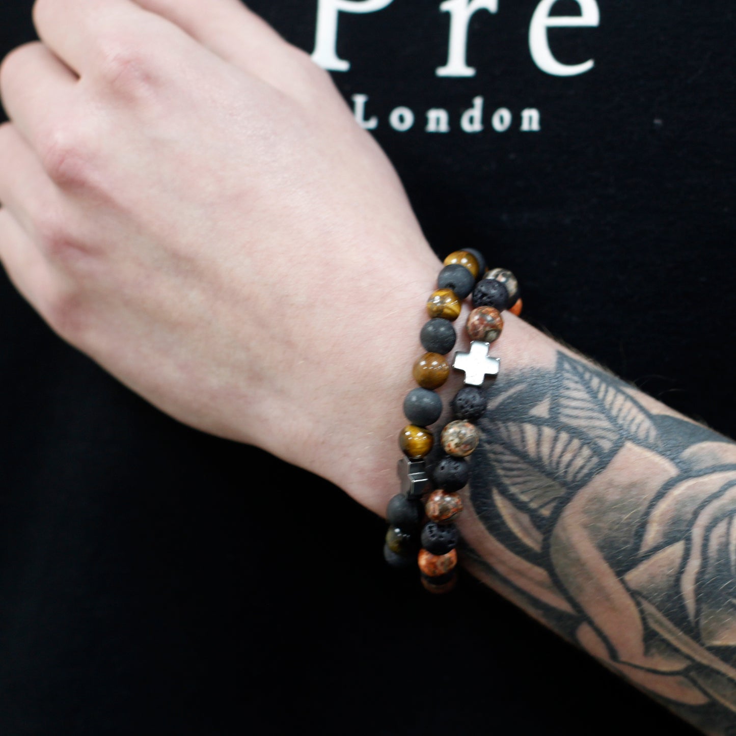 Set of 2 Gemstones Friendship Bracelets - Power - Tiger Eye & Black Stone