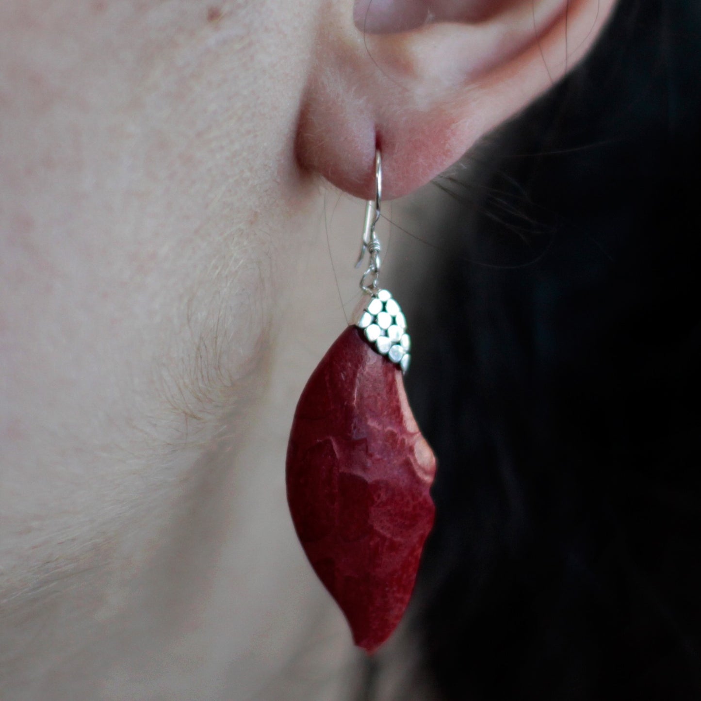 Leaf Drop - Red Coral Imitation 925 Silver Earings