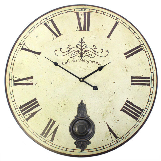 Large Vintage Style Cafe des Marguerites Wall Clock with Pendulum