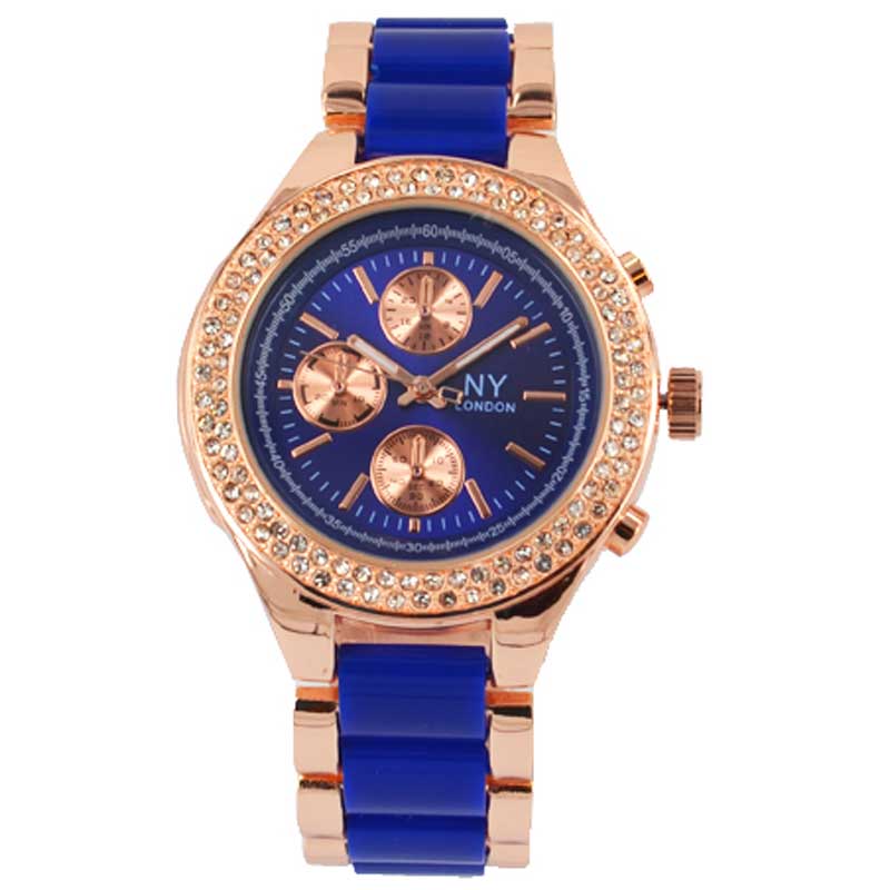 NY London Ladies Dark Blue Crystal Bezel Metal Watch PI-7011
