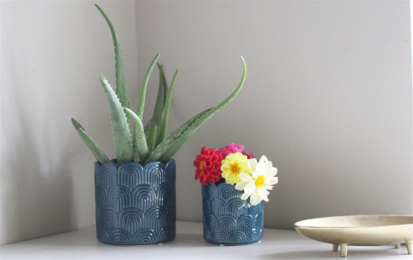 Set of Two Blue Scalloped Planters