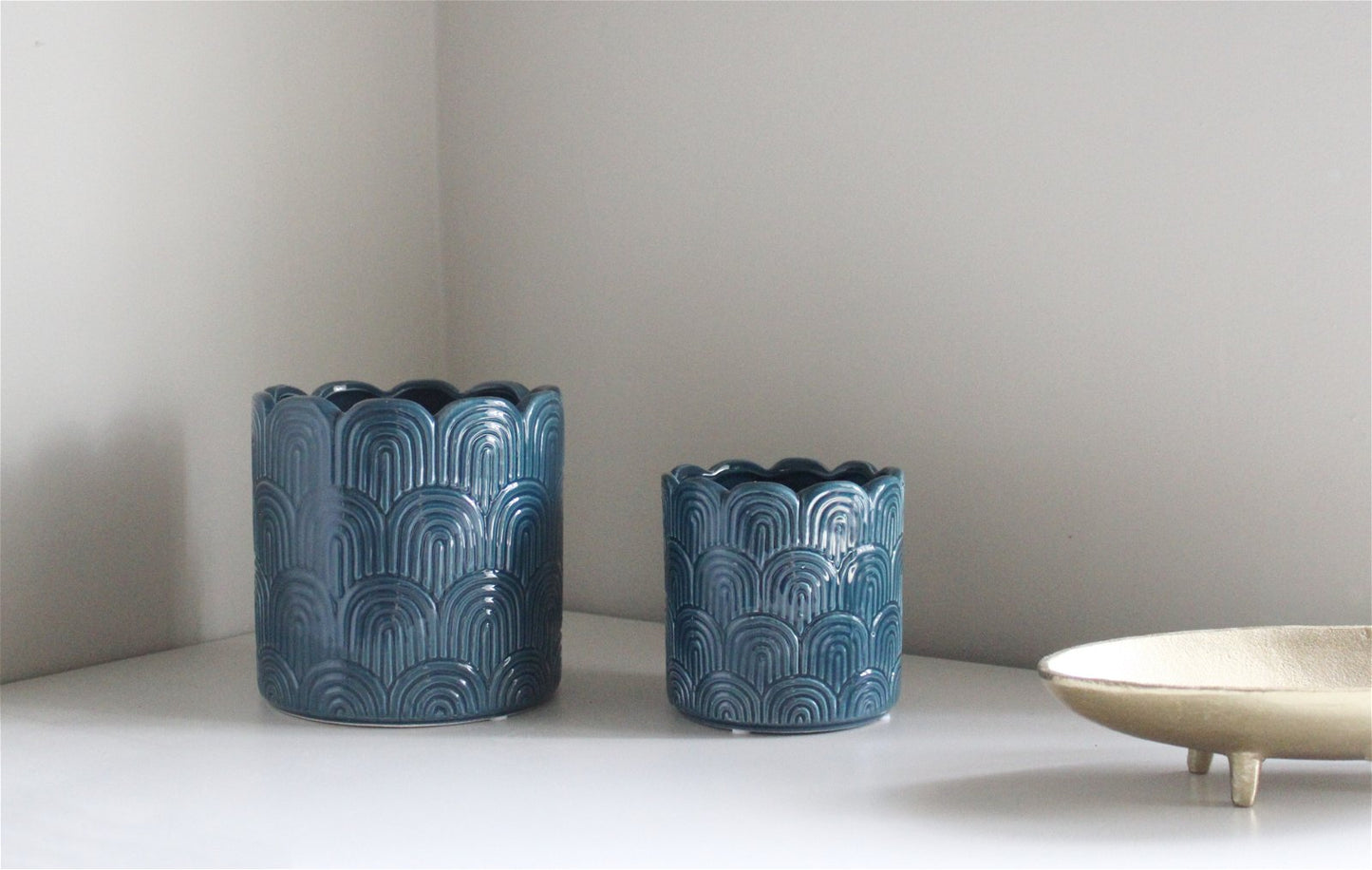 Set of Two Blue Scalloped Planters