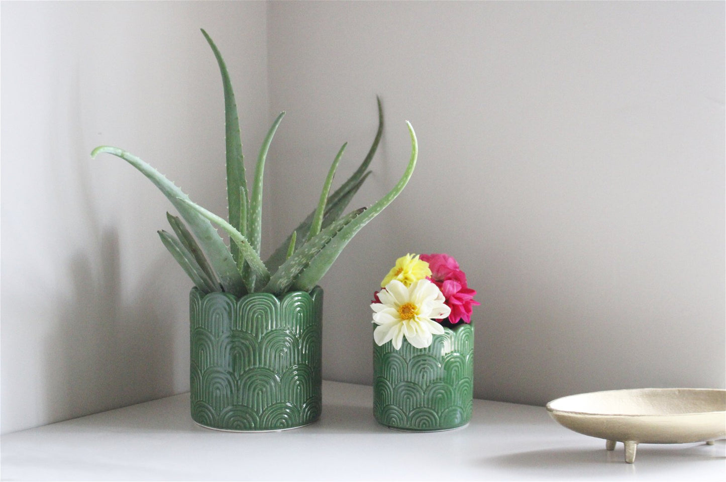 Set of Two Green Scalloped Planters