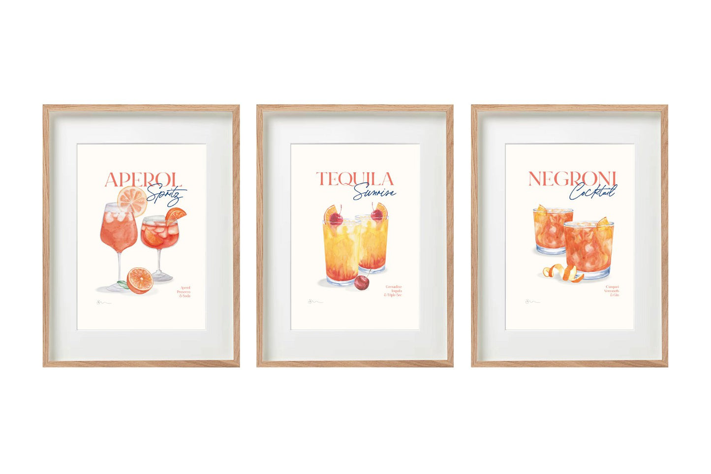 Set of Three Cocktail Recipe Wall Art in Frames