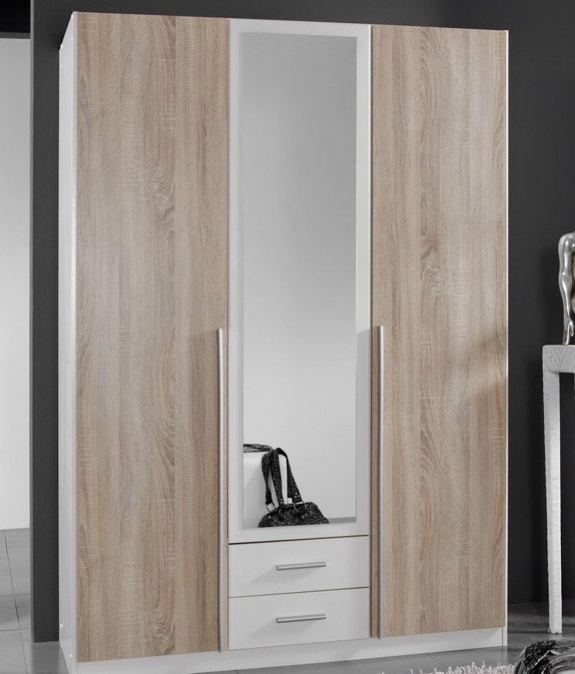 White and Oak Effect 3 Door and 2 Drawer Wardrobe