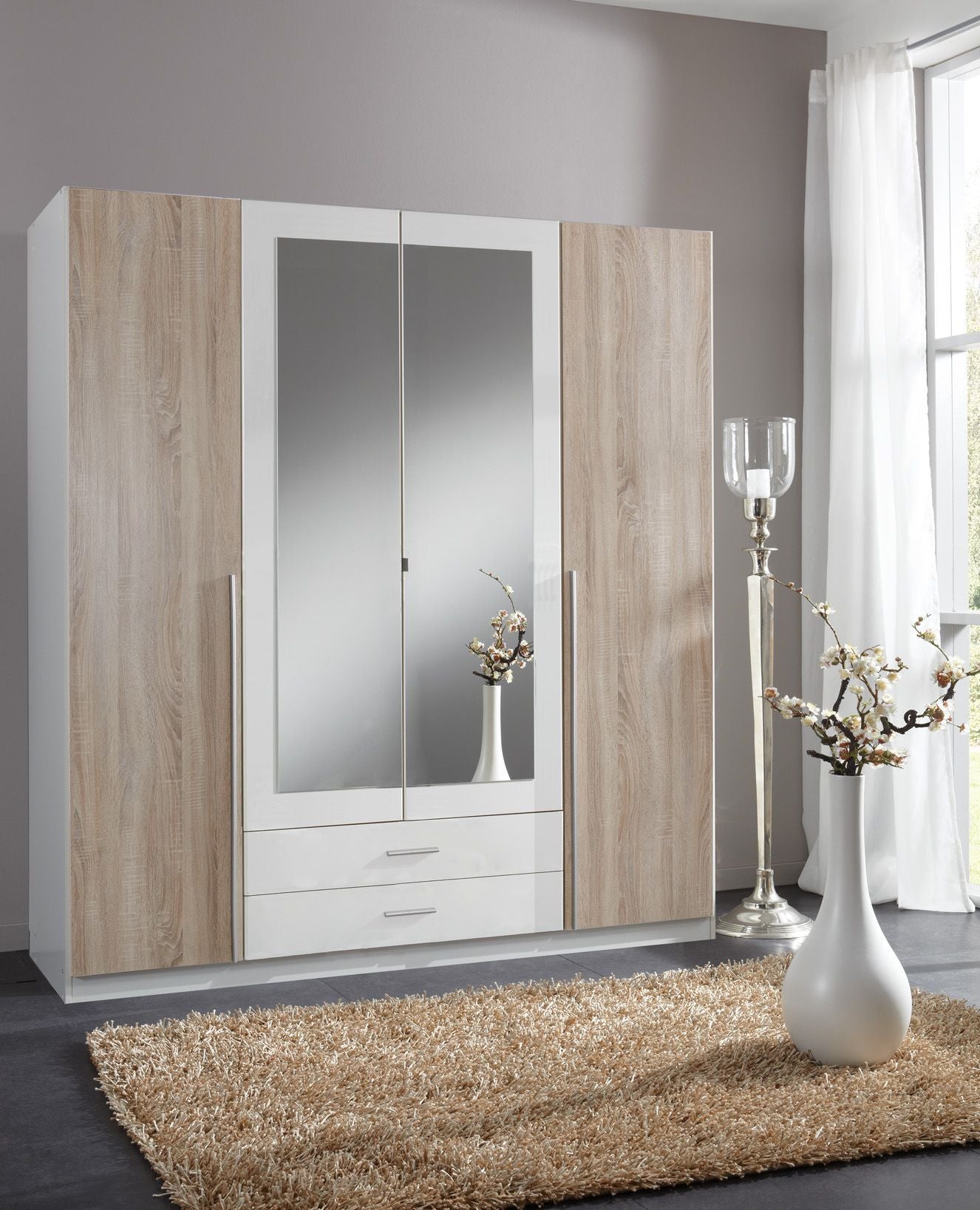 White and Oak Effect 4 Door and 2 Drawer Wardrobe