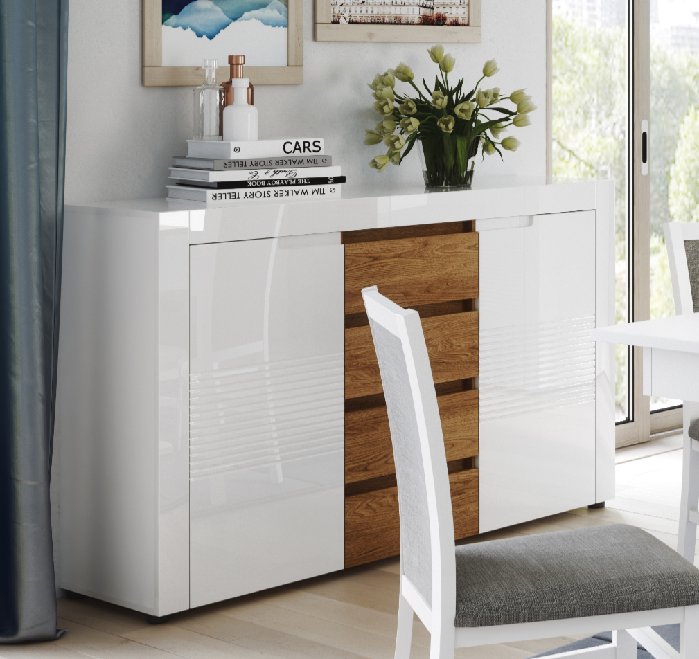 White Four Drawer Wide Sideboard