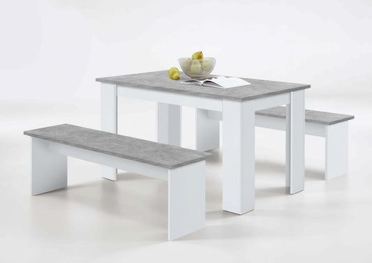 White & Concrete Grey Dining Table With Bench Seats