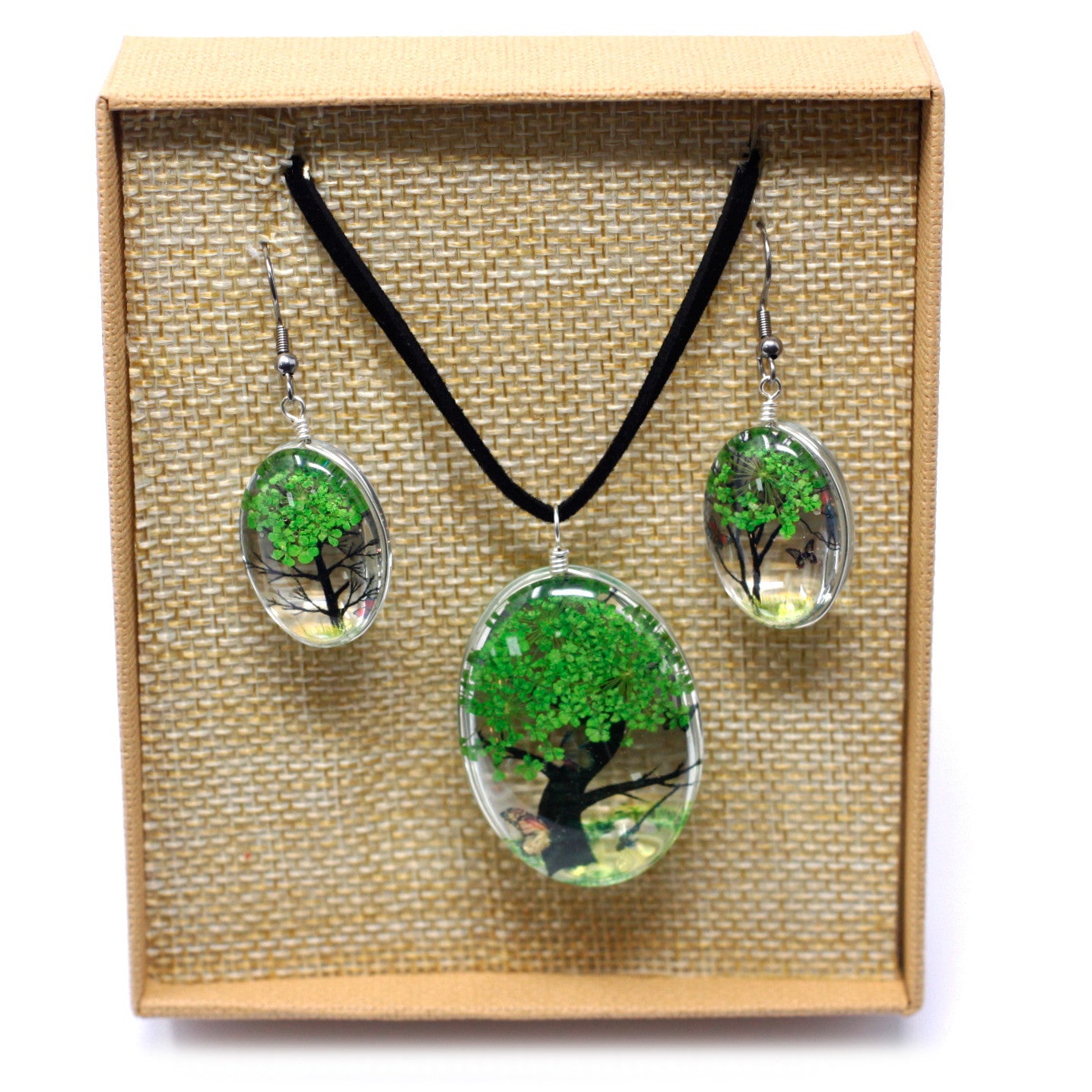 Pressed Flowers Necklaces - Tree of Life set - Green