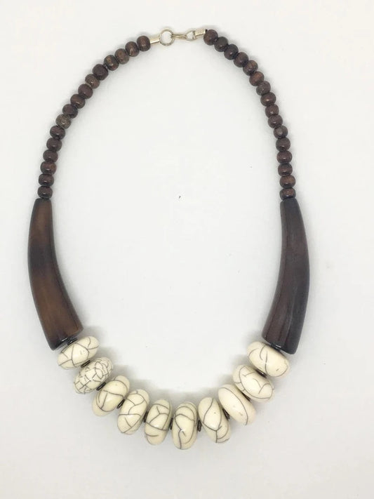 Handmade White Beads Brown Elephant Tusk Style Statement Necklace
