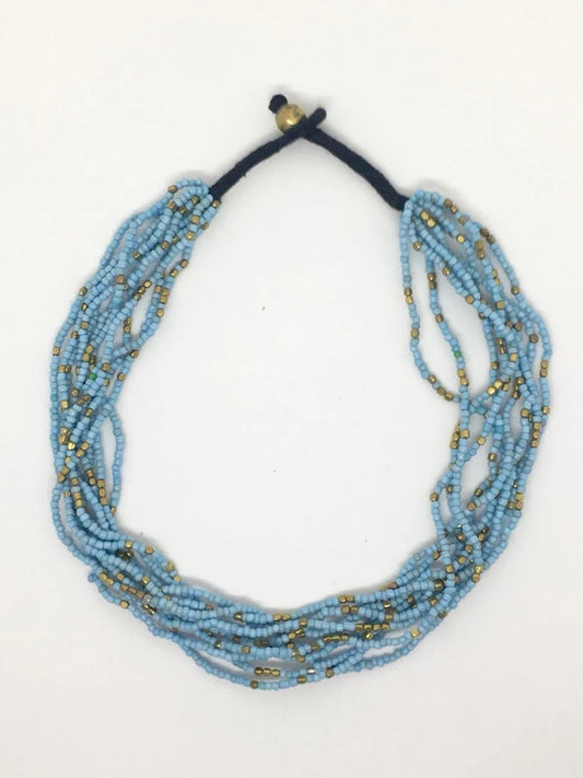 Handmade baby blue and Gold Beaded Necklace