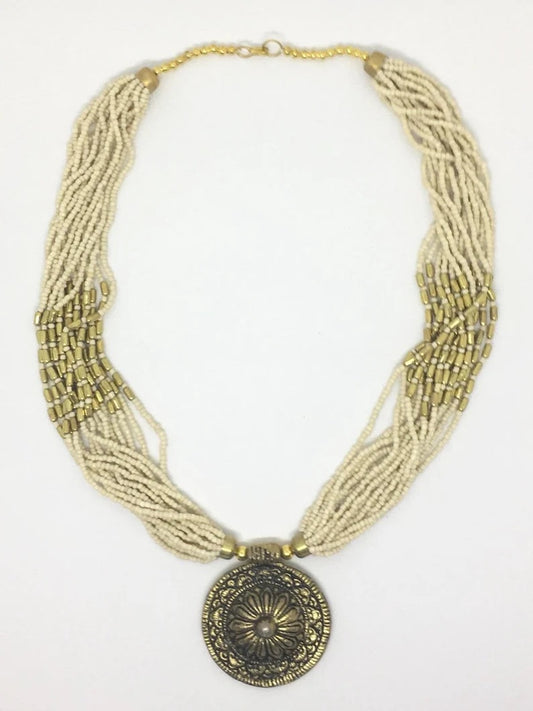 Handmade Gold and Cream Circular Pendant Statement Necklace