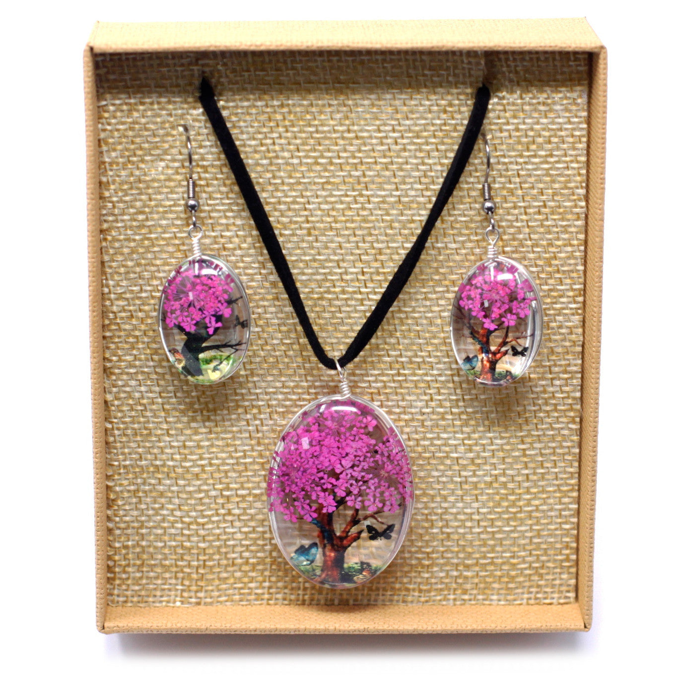Pressed Flowers Necklace - Tree of Life set - Bright Pink