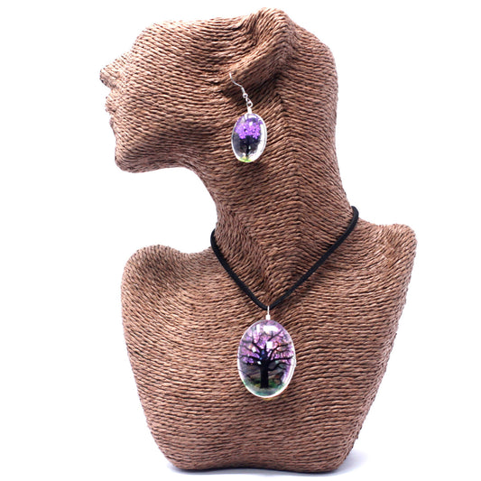 Pressed Flowers Necklace - Tree of Life set - Lavender