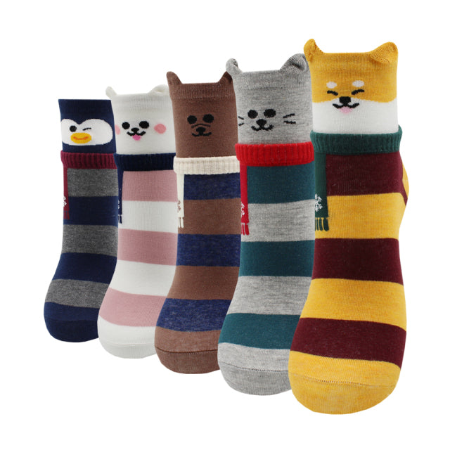 5 Pairs Fashion Colorful Kawaii Cute Cartoon Cotton Women Socks Harajuku Korean Cat Dog Owl Duck Fox Girl Socks