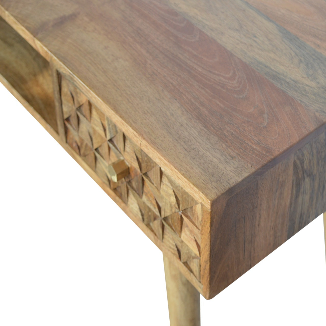 Solid Mango Wood Oak Finish Diamond Carved Writing Desk