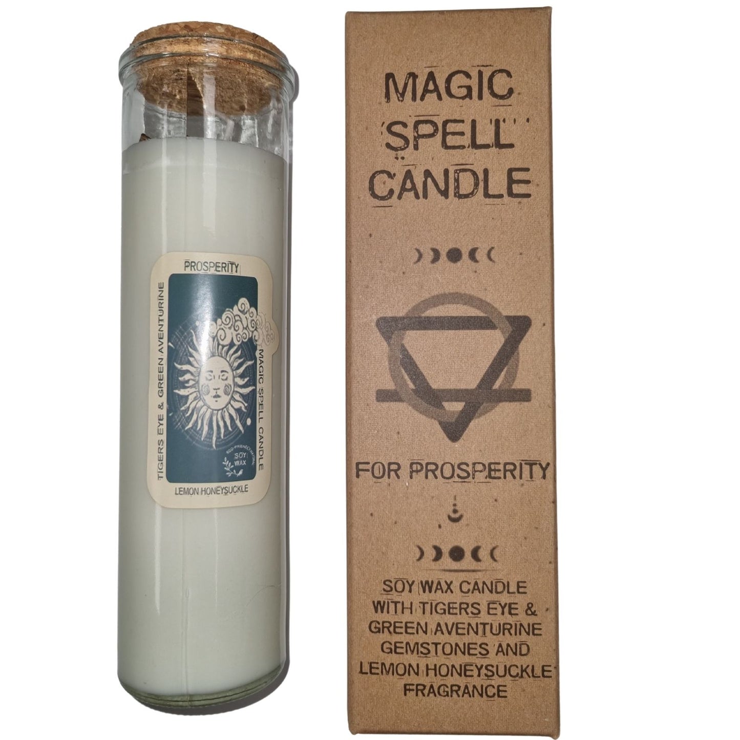 Magic Spell Candle - Prosperity - Lemon Honey Suckle - Black Agate and Green Aventurine