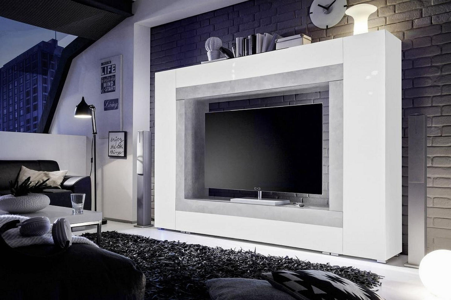 White and Concrete Grey Wall TV Entertainment Unit
