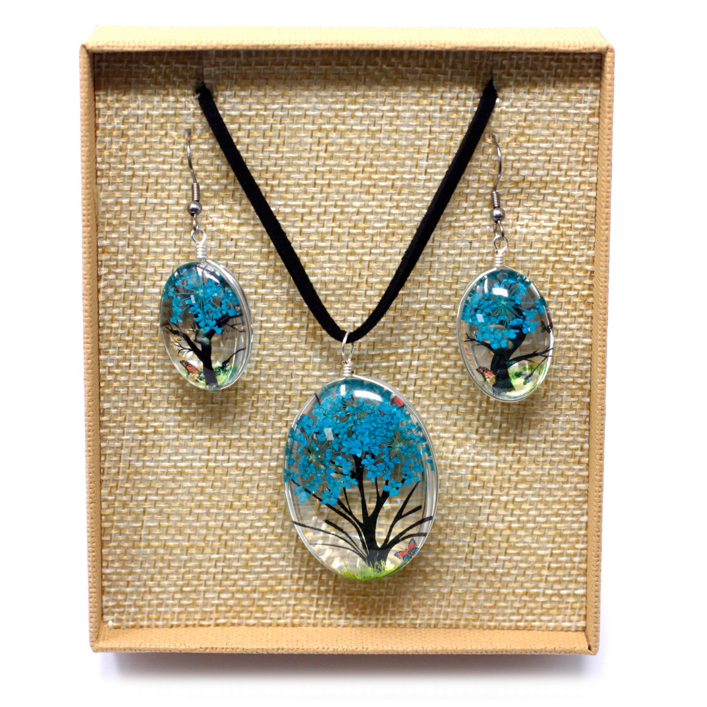 Pressed Flowers Necklaces - Tree of Life set - Teal